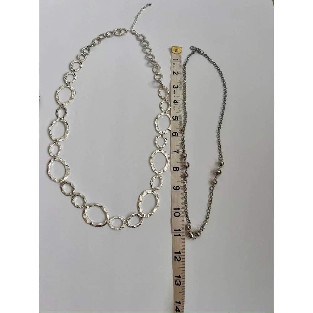 Two Necklaces & Bangle Lot‎ - Silver Tone Chain Link Statement Jewelry Set